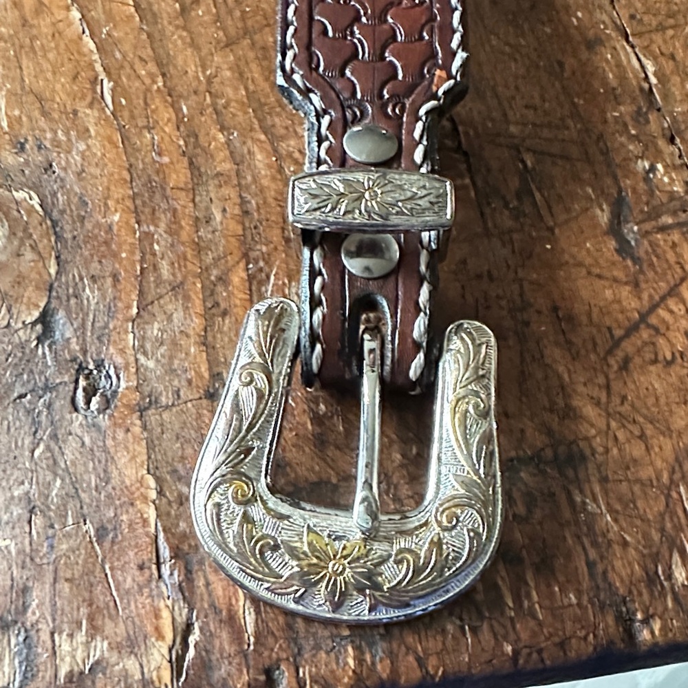 Brown Leather Belt with Silver and Gold Buckle